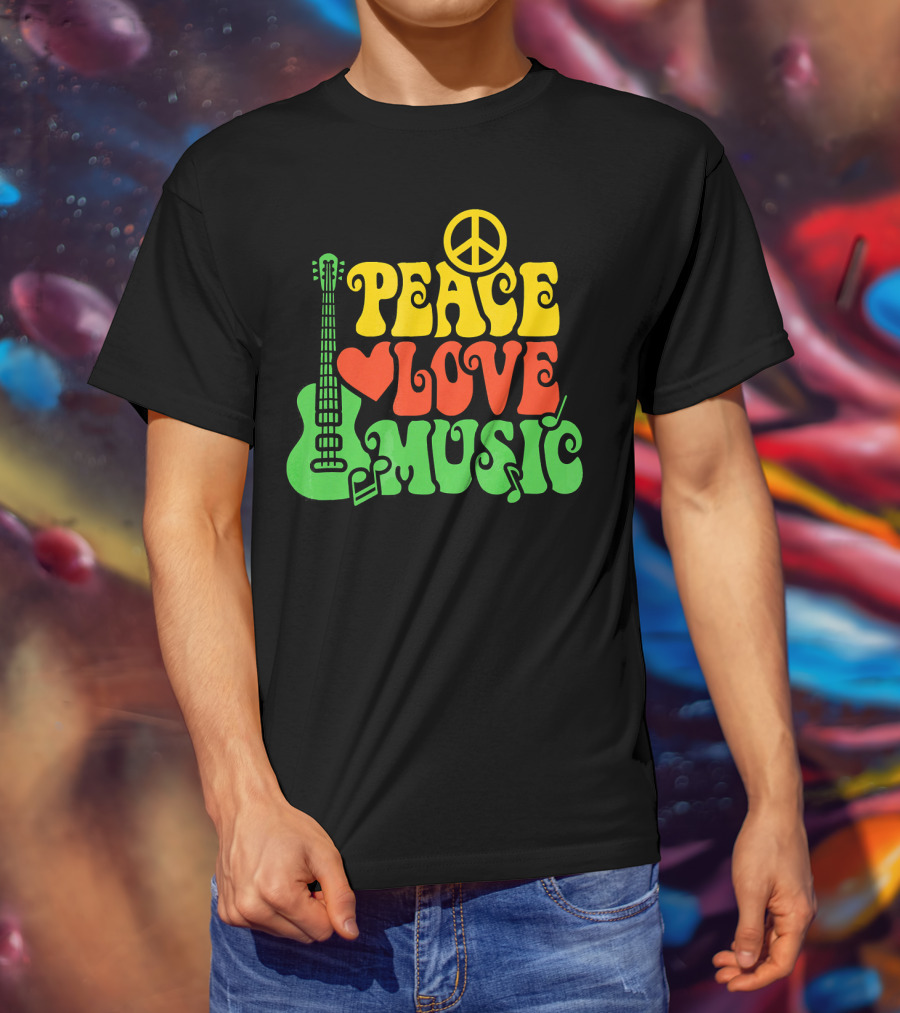 PEACE LOVE MUSIC Reggae Guitar Peace Symbol Heart Notes T-Shirt