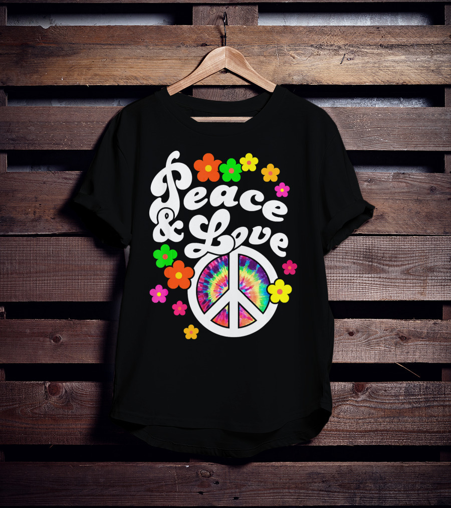 Peace And Love Hippie Sign With Colorful Flower T-Shirt