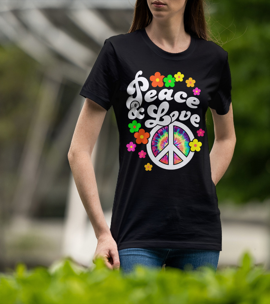 Peace And Love Hippie Sign With Colorful Flower T-Shirt
