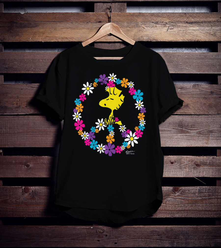 Peanuts Woodstock Surrounded By Peace Sign And Vibrant Floral T-Shirt