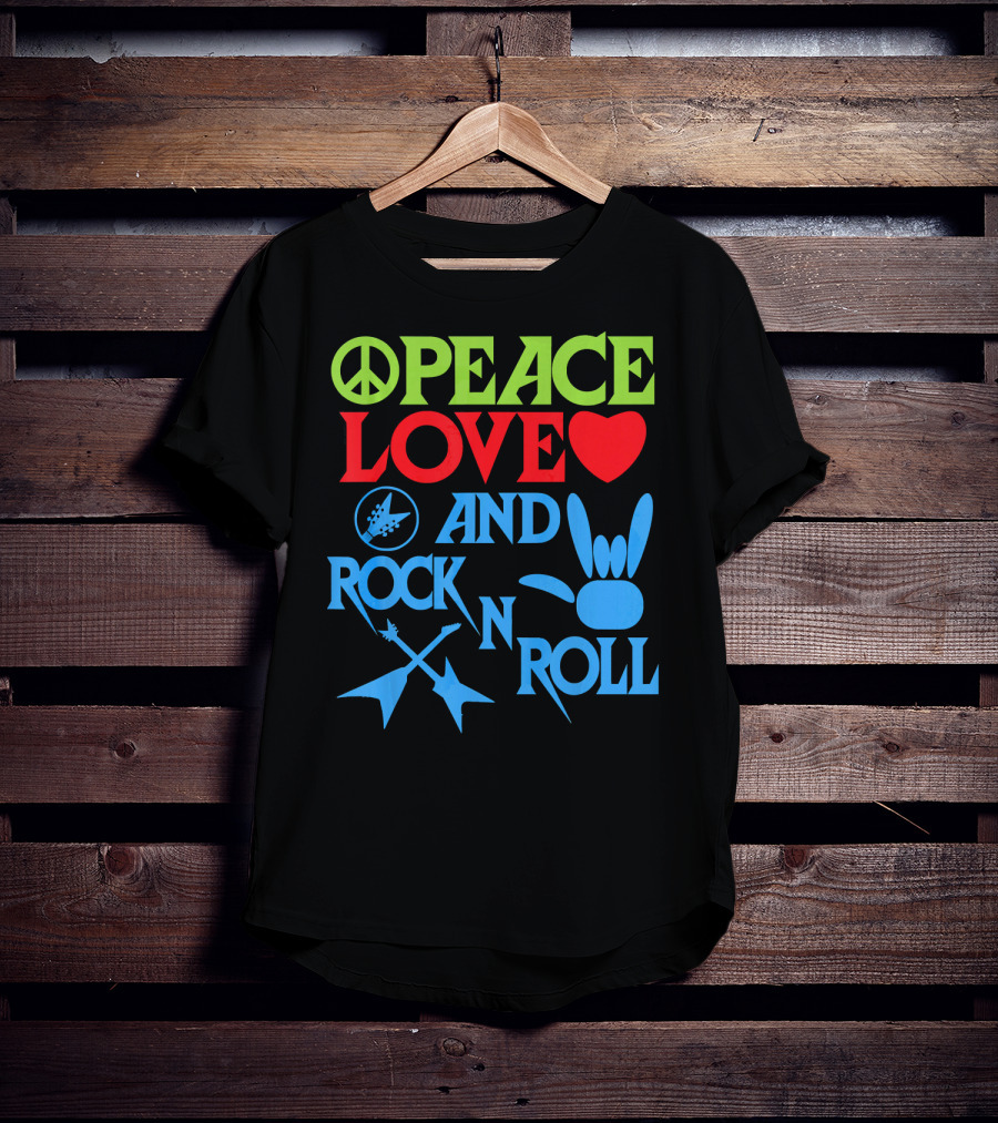 Peace Love Heart And Rock N Roll Peace Sign Guitar Hand Gesture T-Shirt