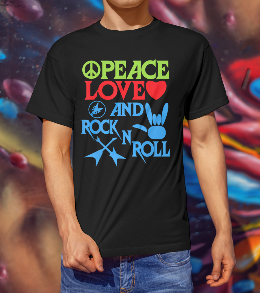Peace Love Heart And Rock N Roll Peace Sign Guitar Hand Gesture T-Shirt