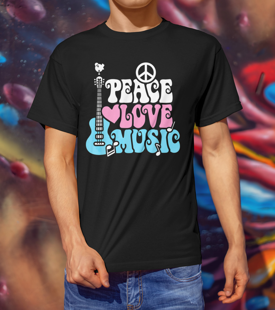 Peace Love Music Pastels With Guitar And Peace T-Shirt