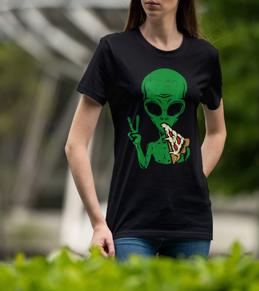 Alien Pizza Eating Peace Funny Space Are T-Shirt