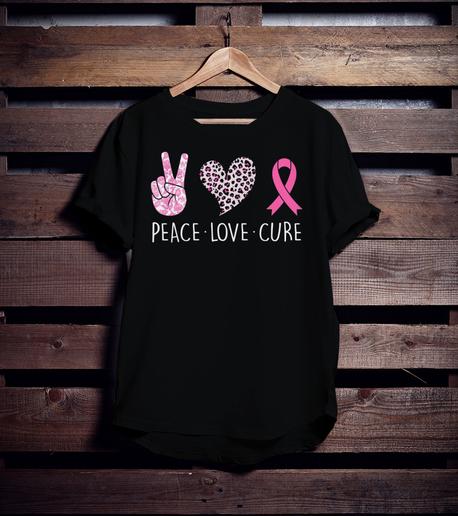 Peace Love Cure Pink Ribbon Heart Breast Cancer Awareness T-Shirt