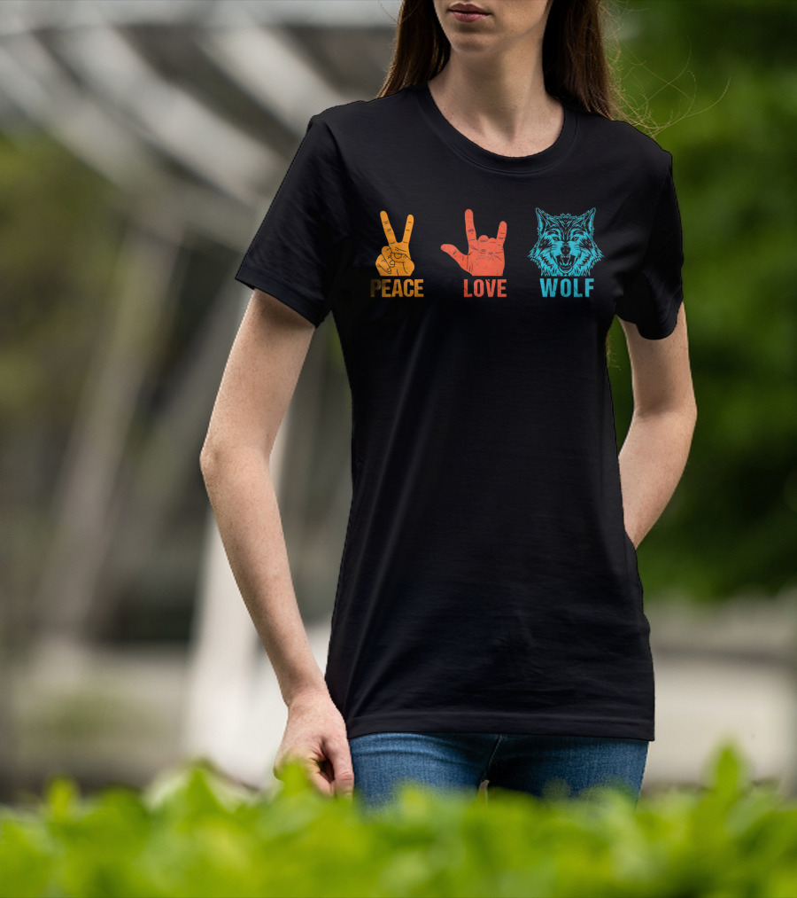 Peace Love Wolf Hand Signs Vintage Wolf Head T-Shirt