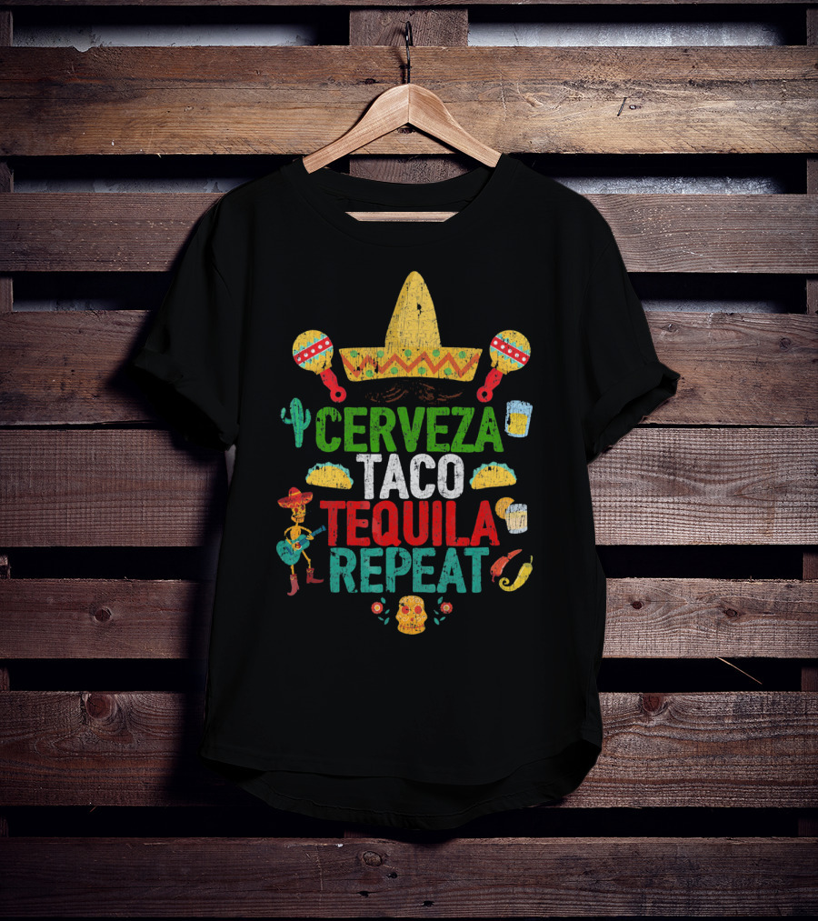 Cinco De Mayo Sombrero Cerveza Taco Tequila Repeat Party T-Shirt