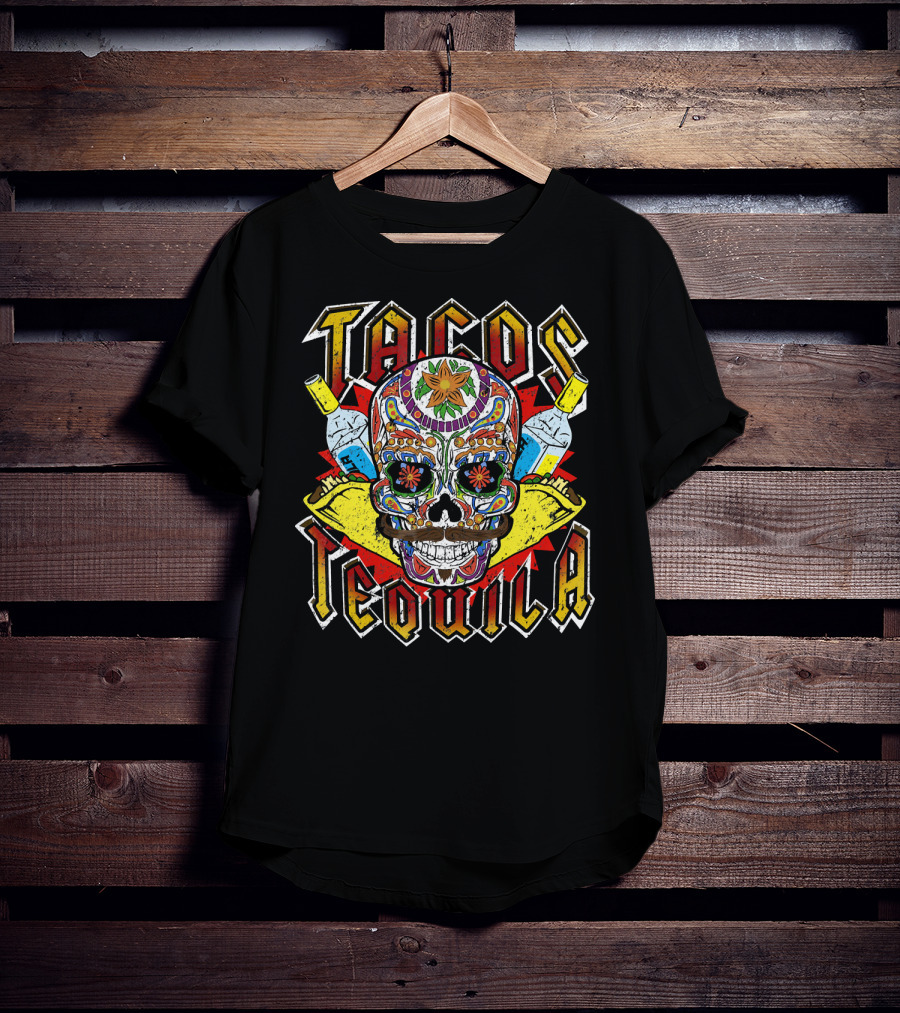 Tacos Tequila Sugar Skull Vintage Mexican T-Shirt
