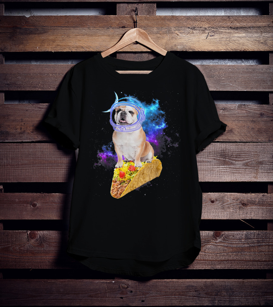 Space English Bulldog Astronaut Riding Taco In Galaxy T-Shirt