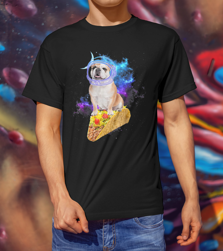 Space English Bulldog Astronaut Riding Taco In Galaxy T-Shirt