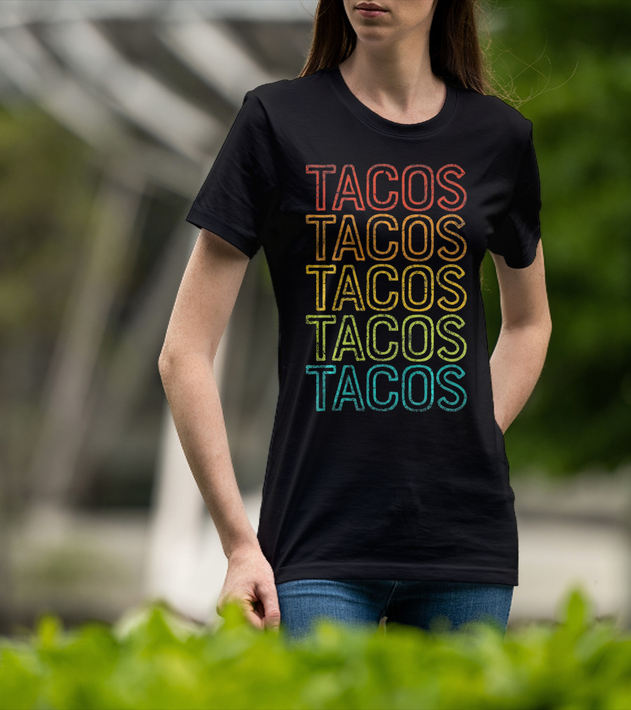 Retro Tacos Vintage Multi-Color Text T-Shirt