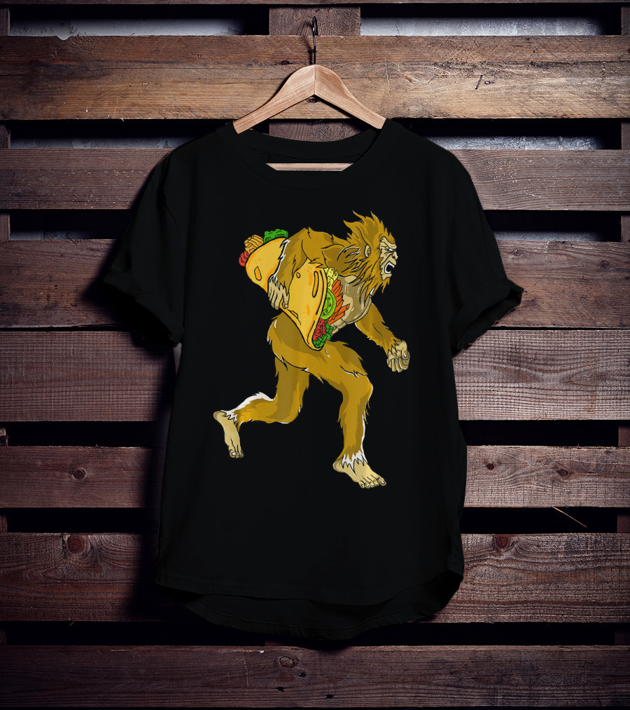 Bigfoot Running With Giant Taco In Hand For Exercise Scene T-Shirt