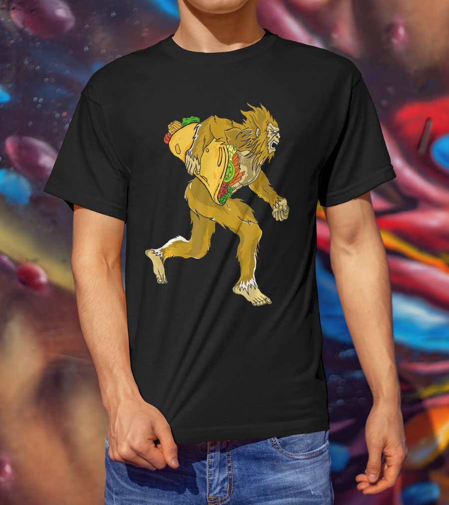 Bigfoot Running With Giant Taco In Hand For Exercise Scene T-Shirt