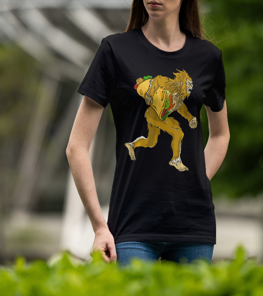 Bigfoot Running With Giant Taco In Hand For Exercise Scene T-Shirt