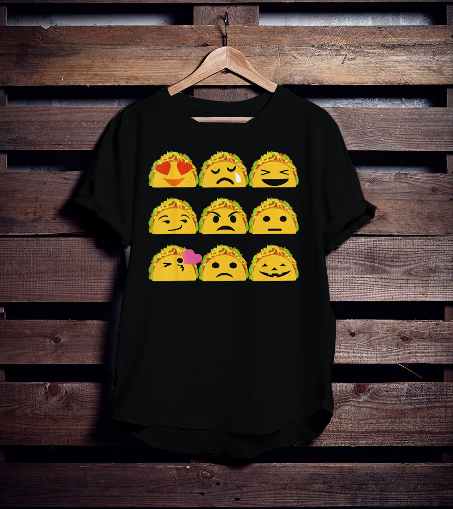 Taco Emoji Faces Heart Eyes Sad Crying Wink Kiss Laughing Pumpkin T-Shirt