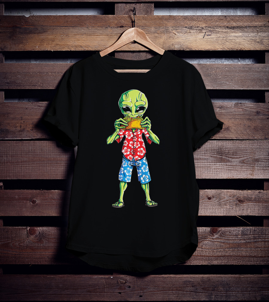 Alien Eating Taco In Hawaiian Shirt 70s California Retro T-Shirt