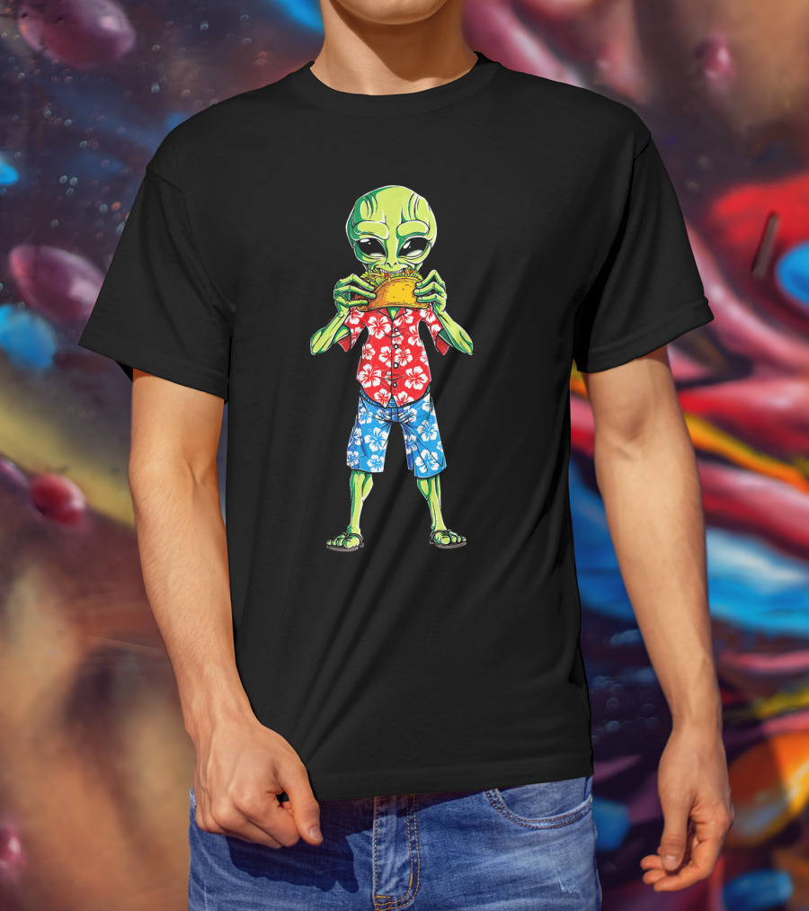 Alien Eating Taco In Hawaiian Shirt 70s California Retro T-Shirt