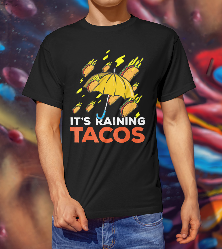 It's Raining Tacos Fun With Yellow Umbrella And Flying Tacos T-Shirt