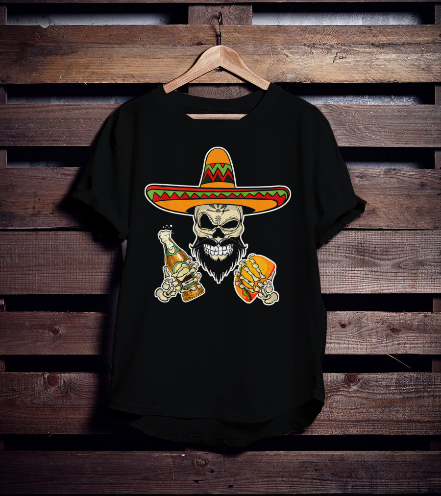 Sombrero-Wearing Sugar Skull With Beer And Tacos T-Shirt