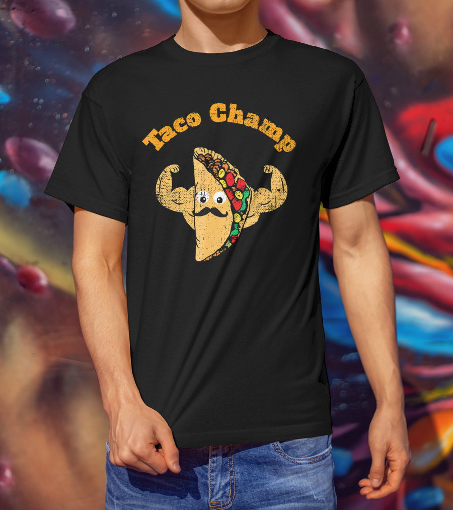 Taco Champ Flexing Strong Mustache Taco Emoji T-Shirt