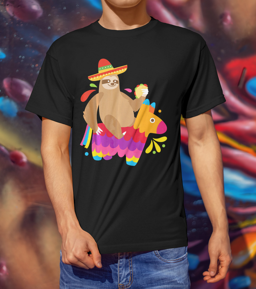 Sloth Taco Piñata Cute Mexican Fiesta Sombrero Riding Rainbow T-Shirt