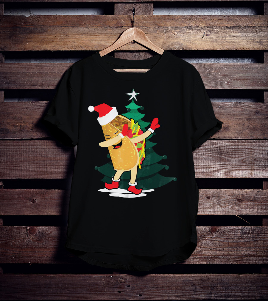 Dabbing Taco Christmas Santa Hat And Tree T-Shirt