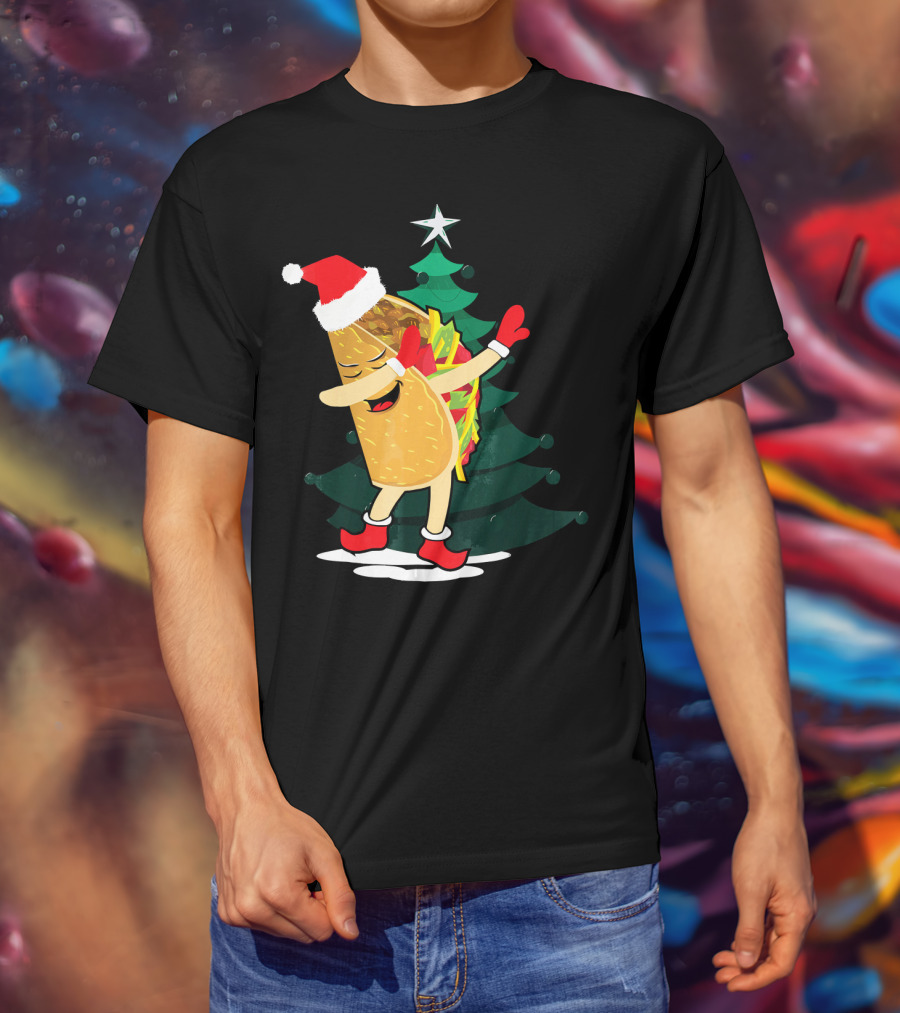 Dabbing Taco Christmas Santa Hat And Tree T-Shirt
