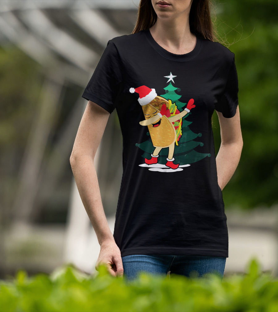 Dabbing Taco Christmas Santa Hat And Tree T-Shirt
