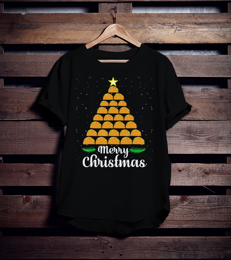 Merry Christmas Taco Tree With Star And Snowflakes T-Shirt