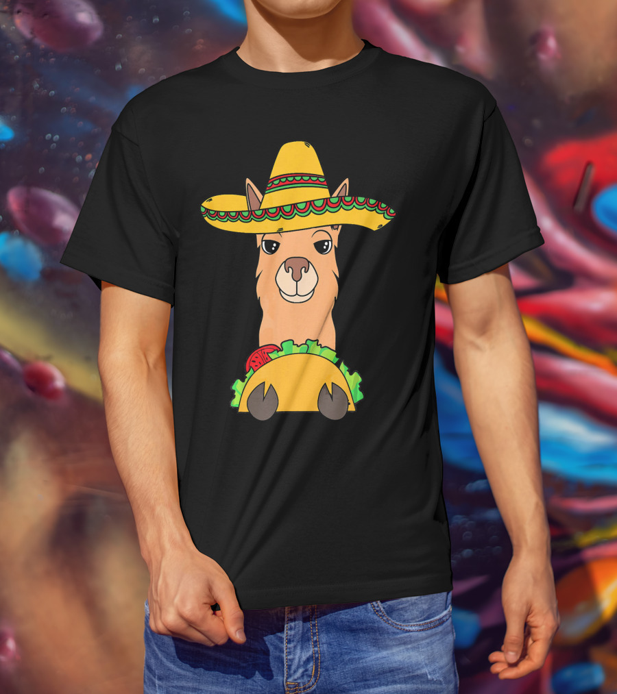Llama Eating Taco Sombrero Cool Mexican T-Shirt