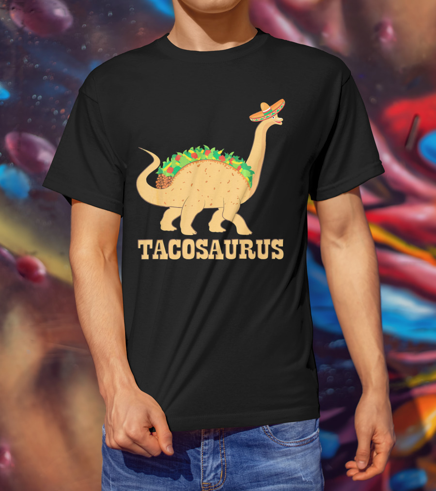 Tacosaurus Sombrero Wearing Dinosaur With Mexican Food Elements T-Shirt