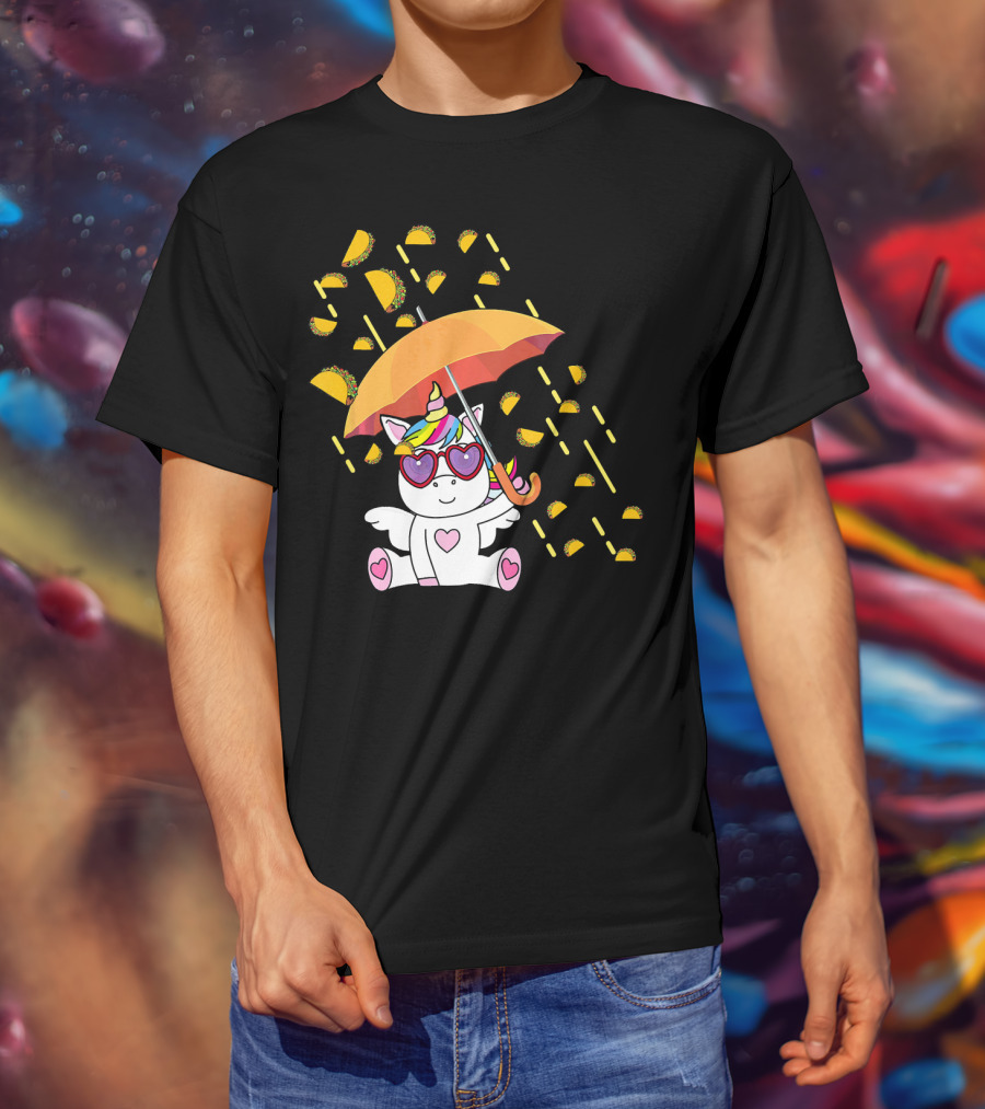 Its Raining Tacos Funny Unicorn With Umbrella And Sunglasses T-Shirt
