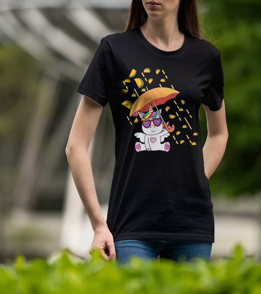 Its Raining Tacos Funny Unicorn With Umbrella And Sunglasses T-Shirt