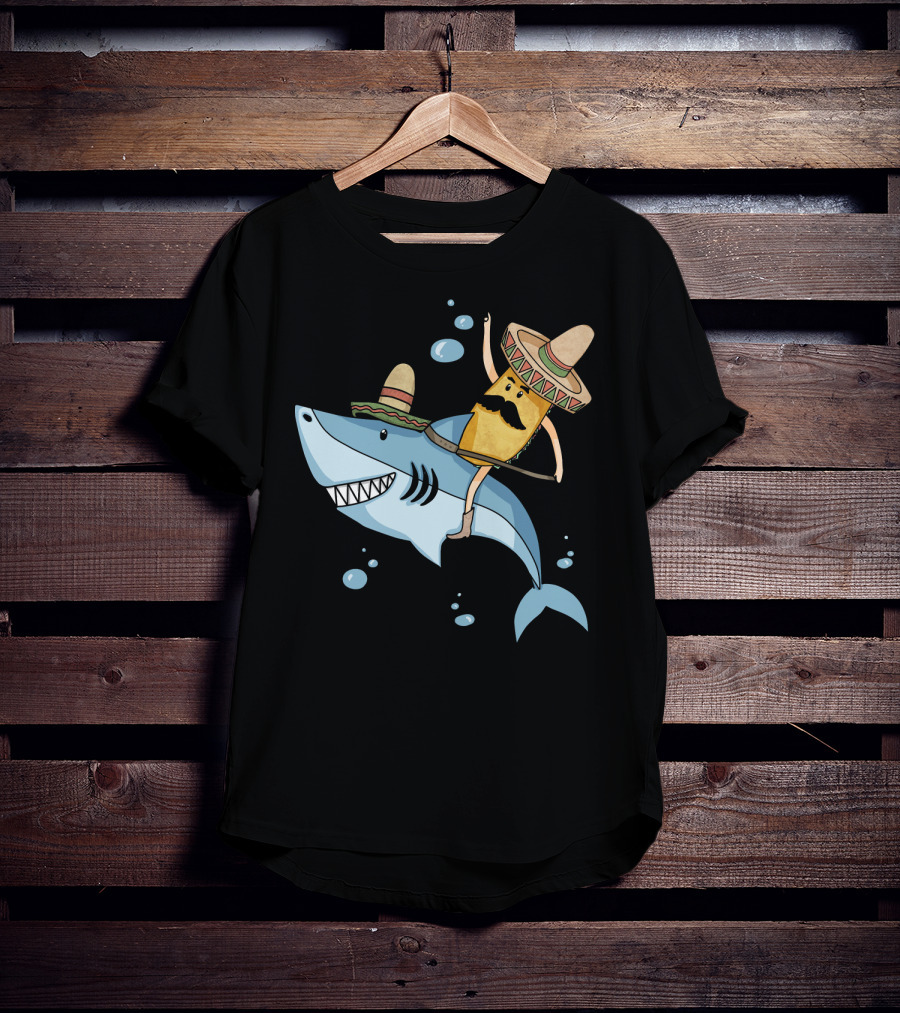 Taco Guy Riding Sombrero Shark Funny Mexican Style Long T-Shirt