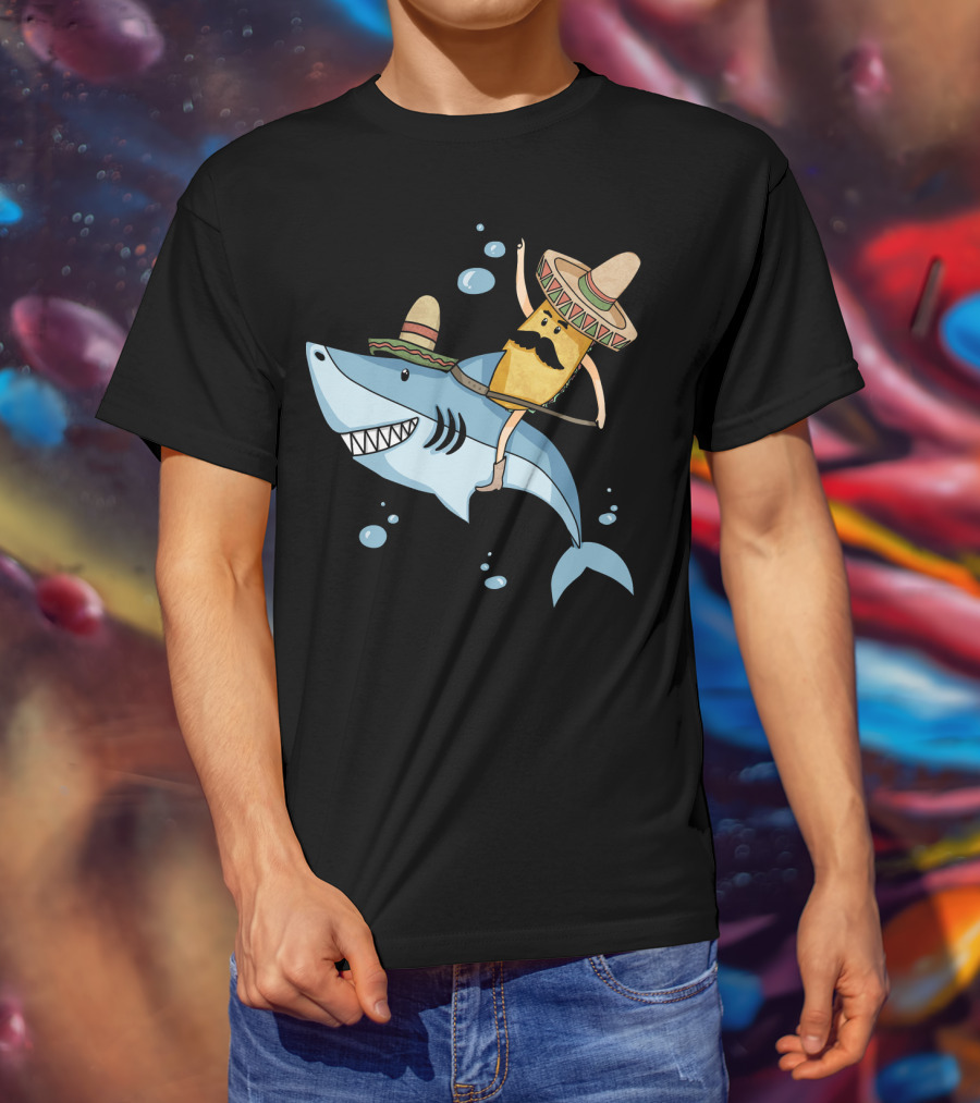 Taco Guy Riding Sombrero Shark Funny Mexican Style Long T-Shirt