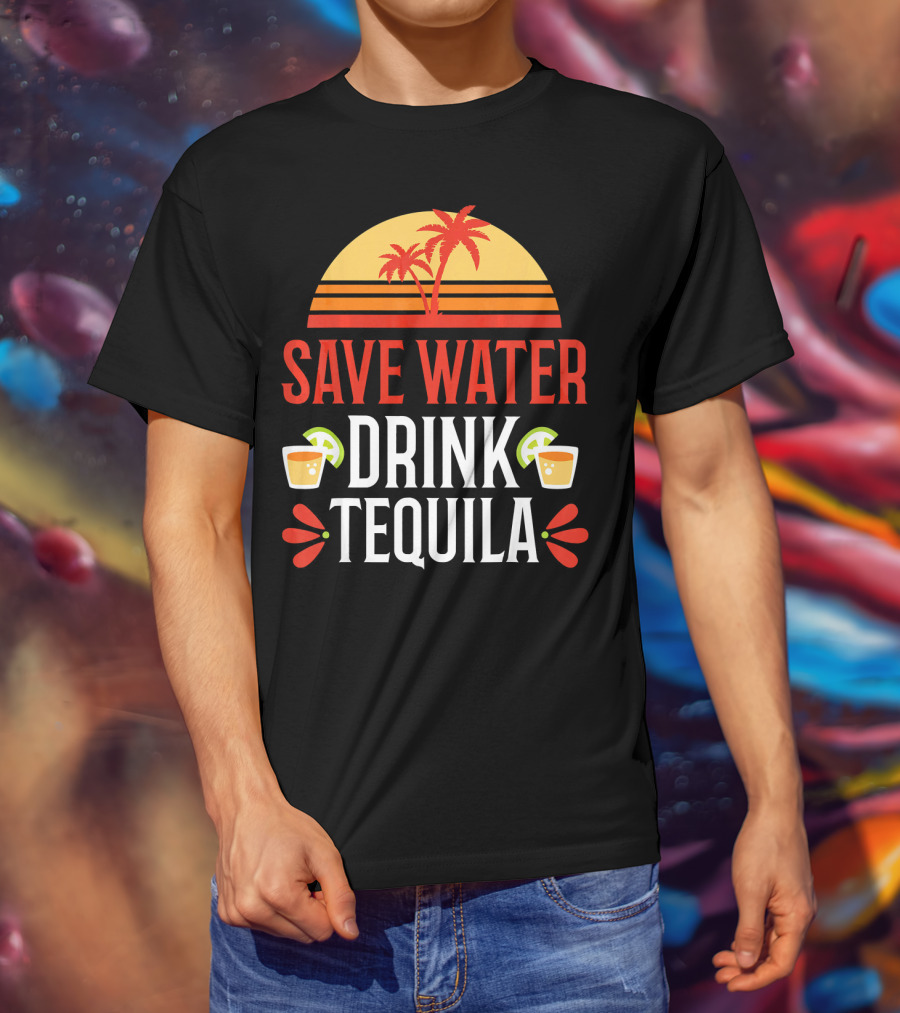 Save Water Drink Tequila Mexican Palm Sunset Lime T-Shirt