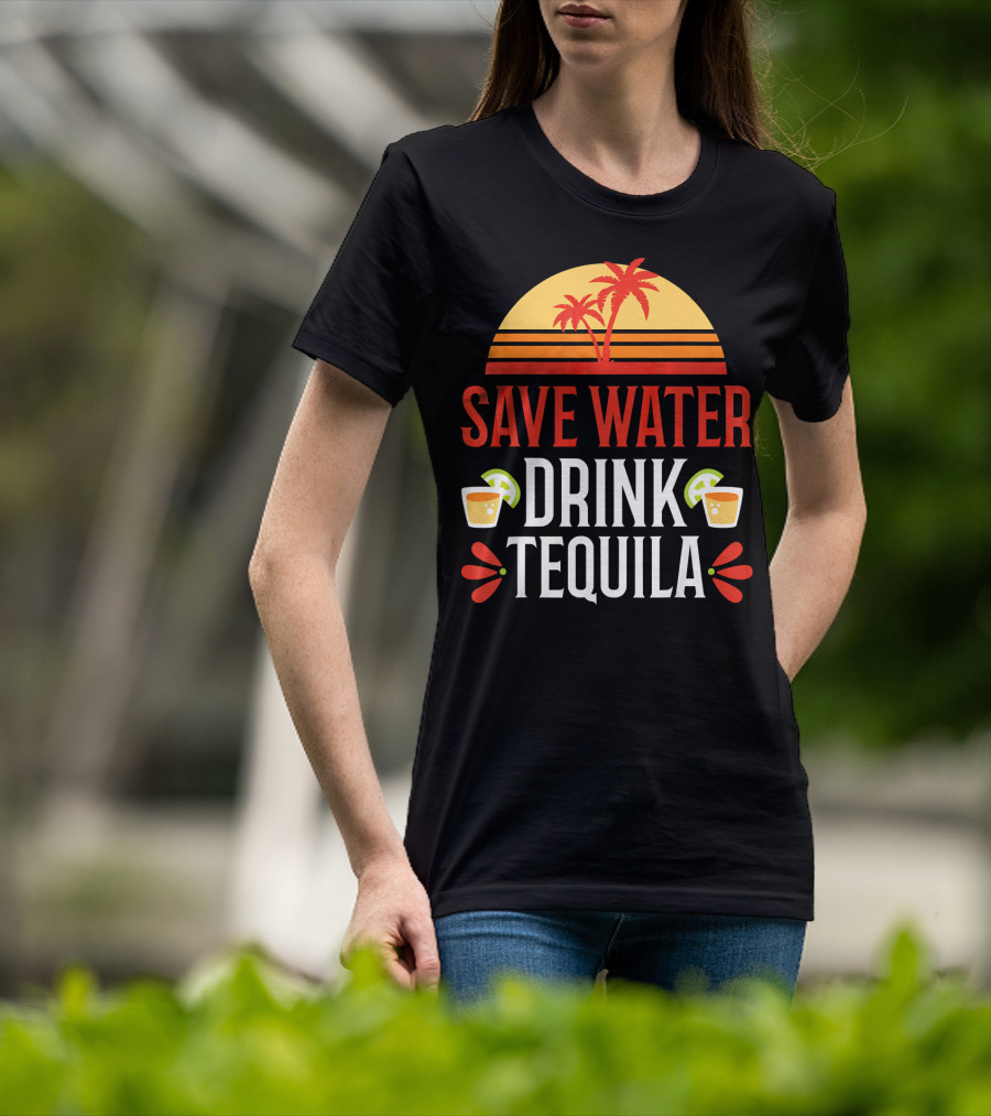 Save Water Drink Tequila Mexican Palm Sunset Lime T-Shirt