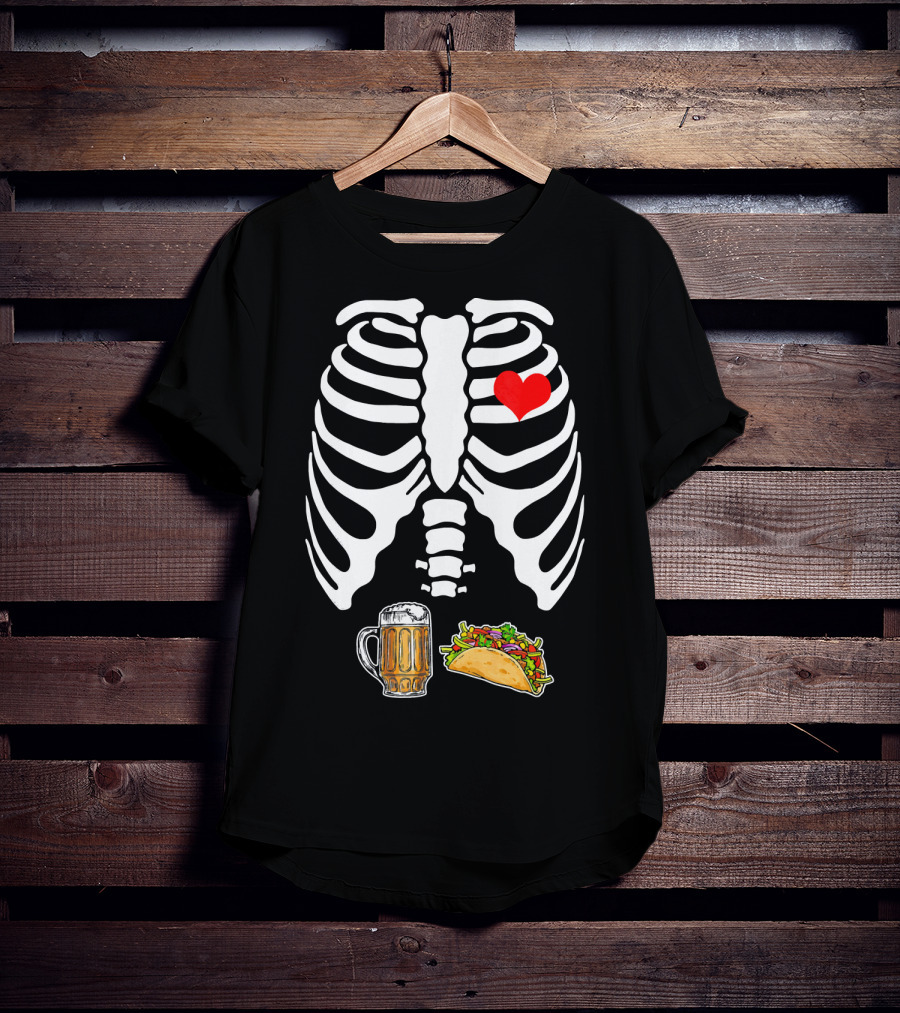 Pregnant Skeleton With Heart, Tacos, And Beer T-Shirt
