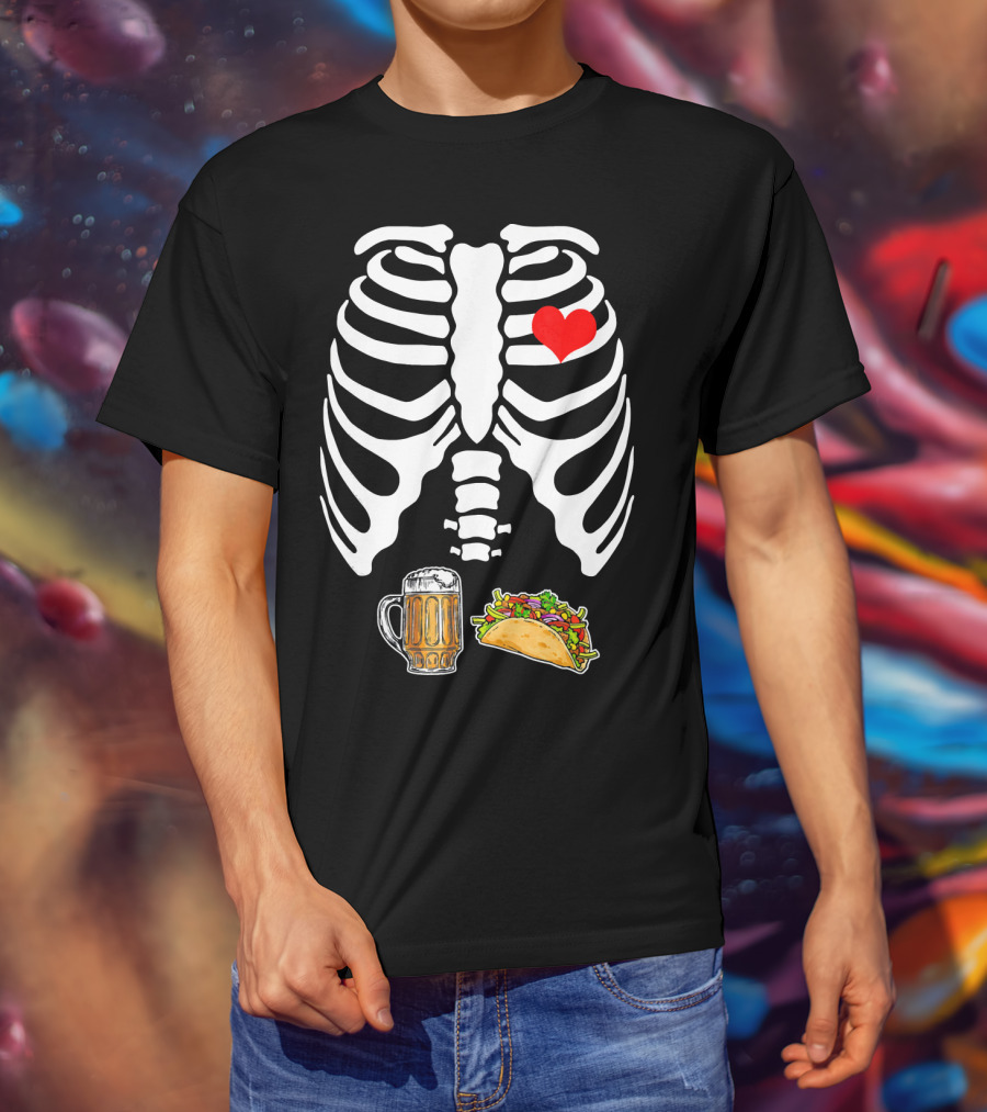 Pregnant Skeleton With Heart, Tacos, And Beer T-Shirt
