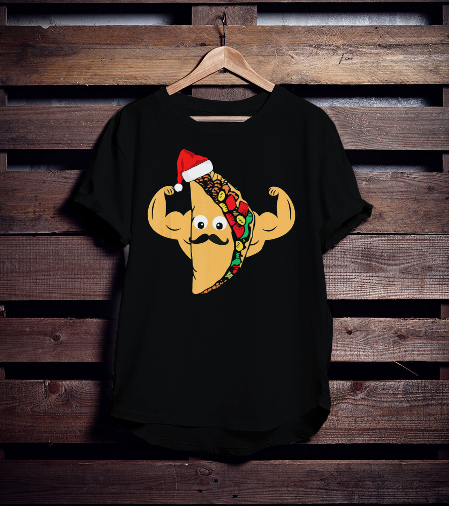 Funny Taco With Santa Hat And Mustache Flexing Muscles Family T-Shirt