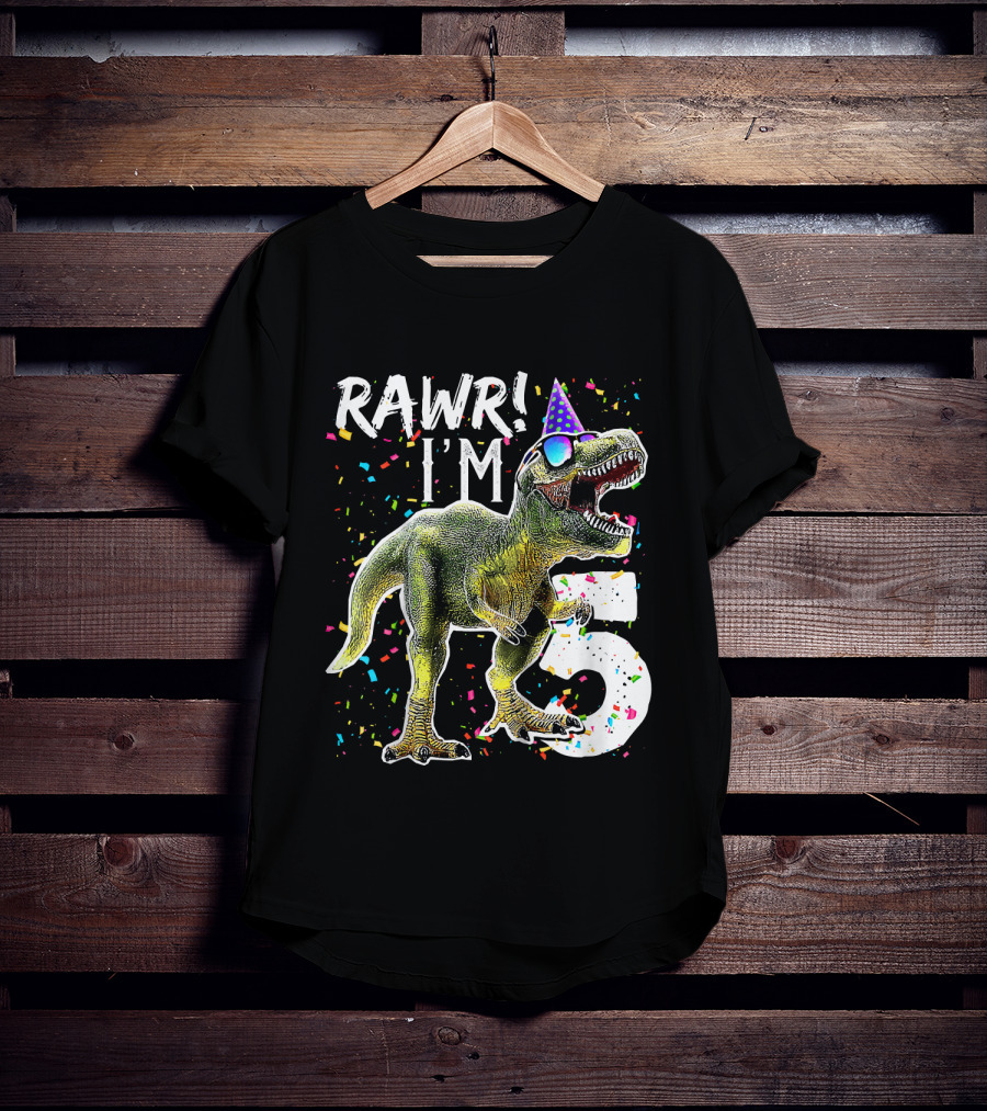 Rawr I'm 5 Dinosaur Birthday Party Hat Confetti T-Shirt