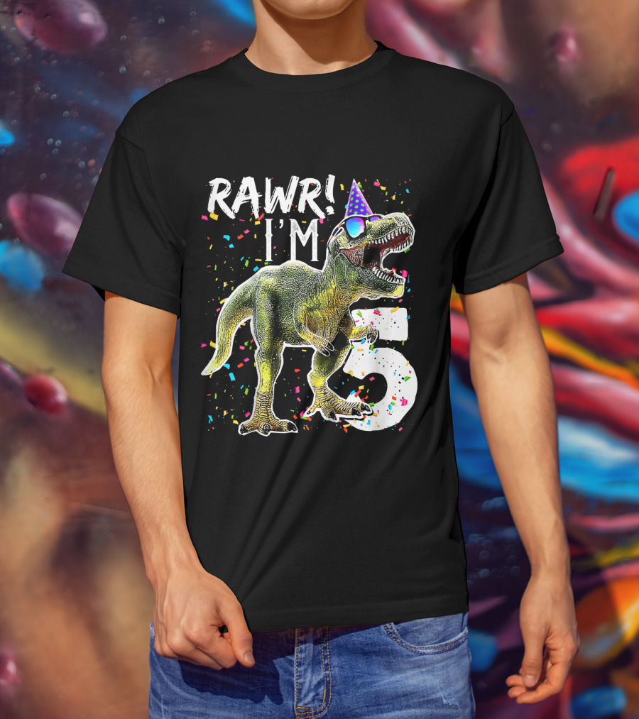 Rawr I'm 5 Dinosaur Birthday Party Hat Confetti T-Shirt