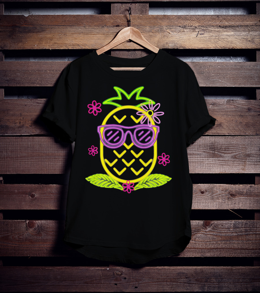 Neon Pineapple With Sunglasses And Flowers Luau Party Vibes T-Shirt