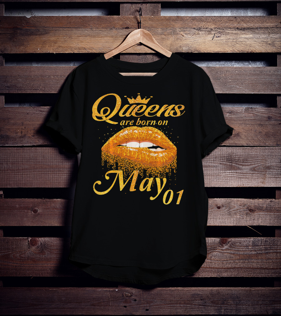 Queens Are Born On May 01 Gold Lips Crown Sparkle T-Shirt