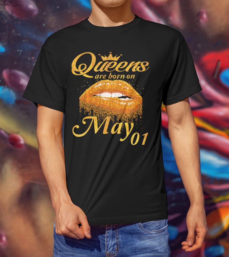 Queens Are Born On May 01 Gold Lips Crown Sparkle T-Shirt