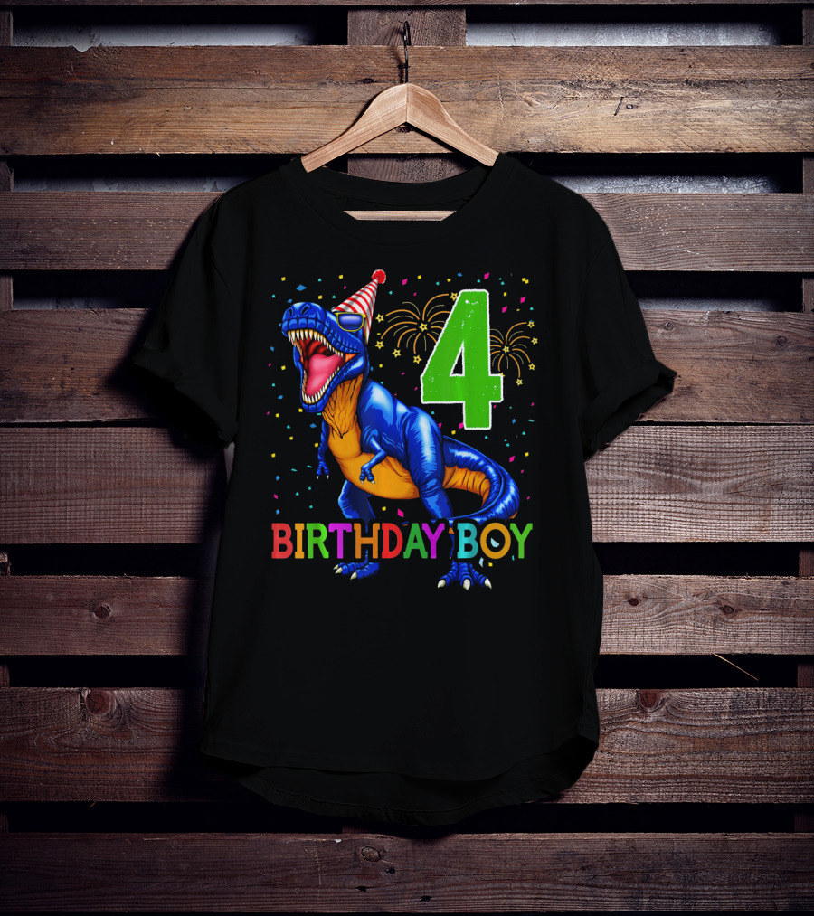 Birthday Boy 4 Dinosaur Party Hat Fireworks T-Shirt