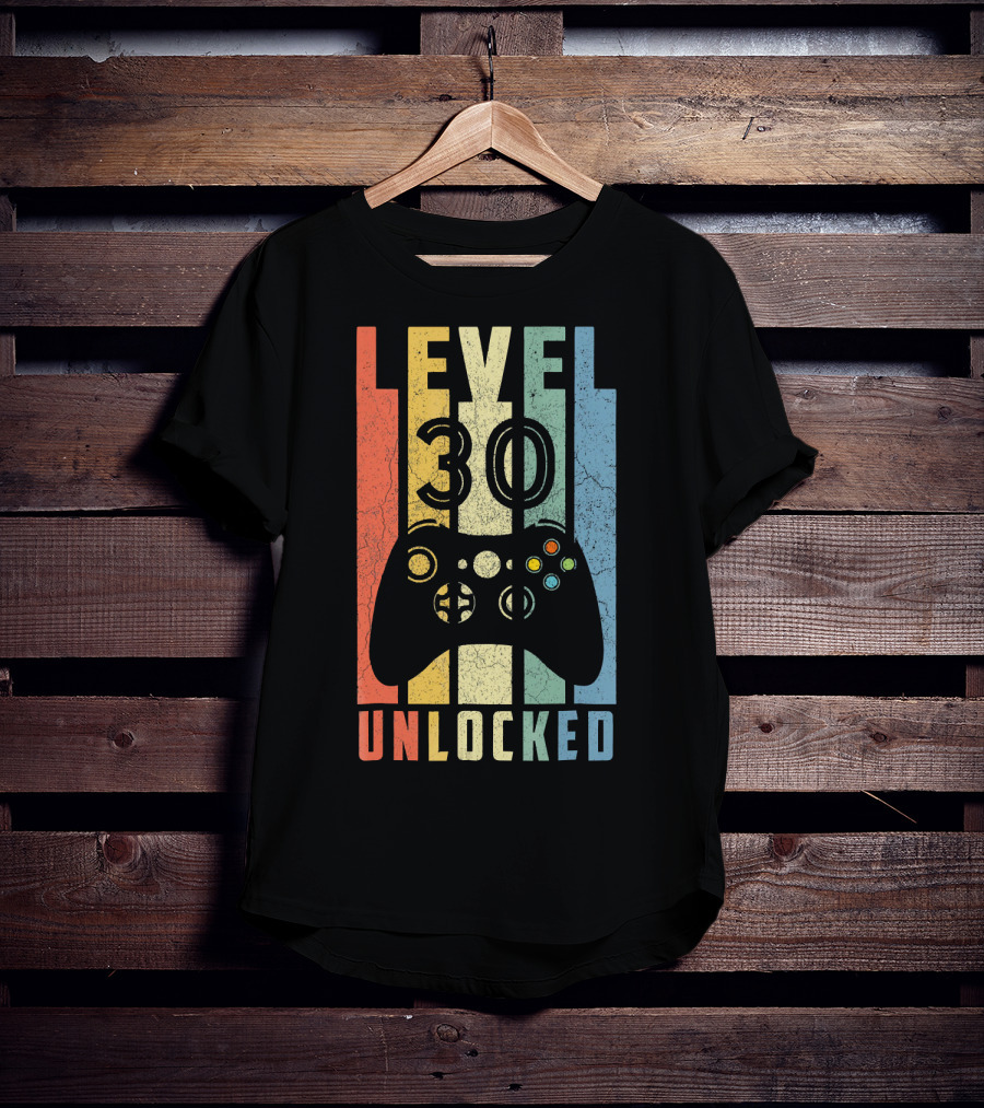 Level 30 Unlocked Video Game Controller Retro Stripes T-Shirt