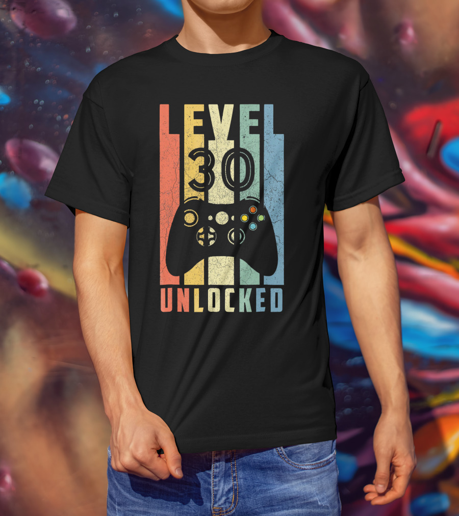 Level 30 Unlocked Video Game Controller Retro Stripes T-Shirt