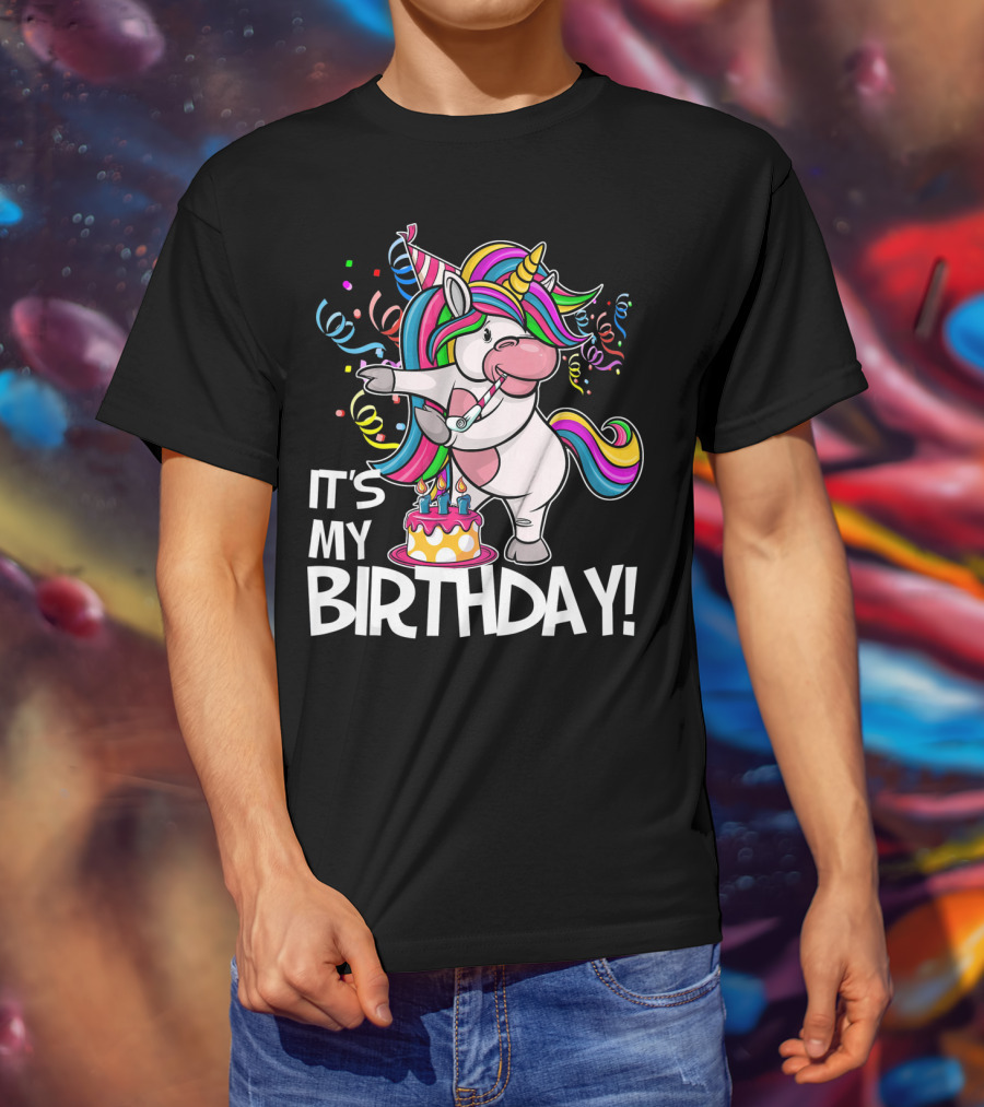 IT'S MY BIRTHDAY Flossing Unicorn Party With Cake And Confetti T-Shirt