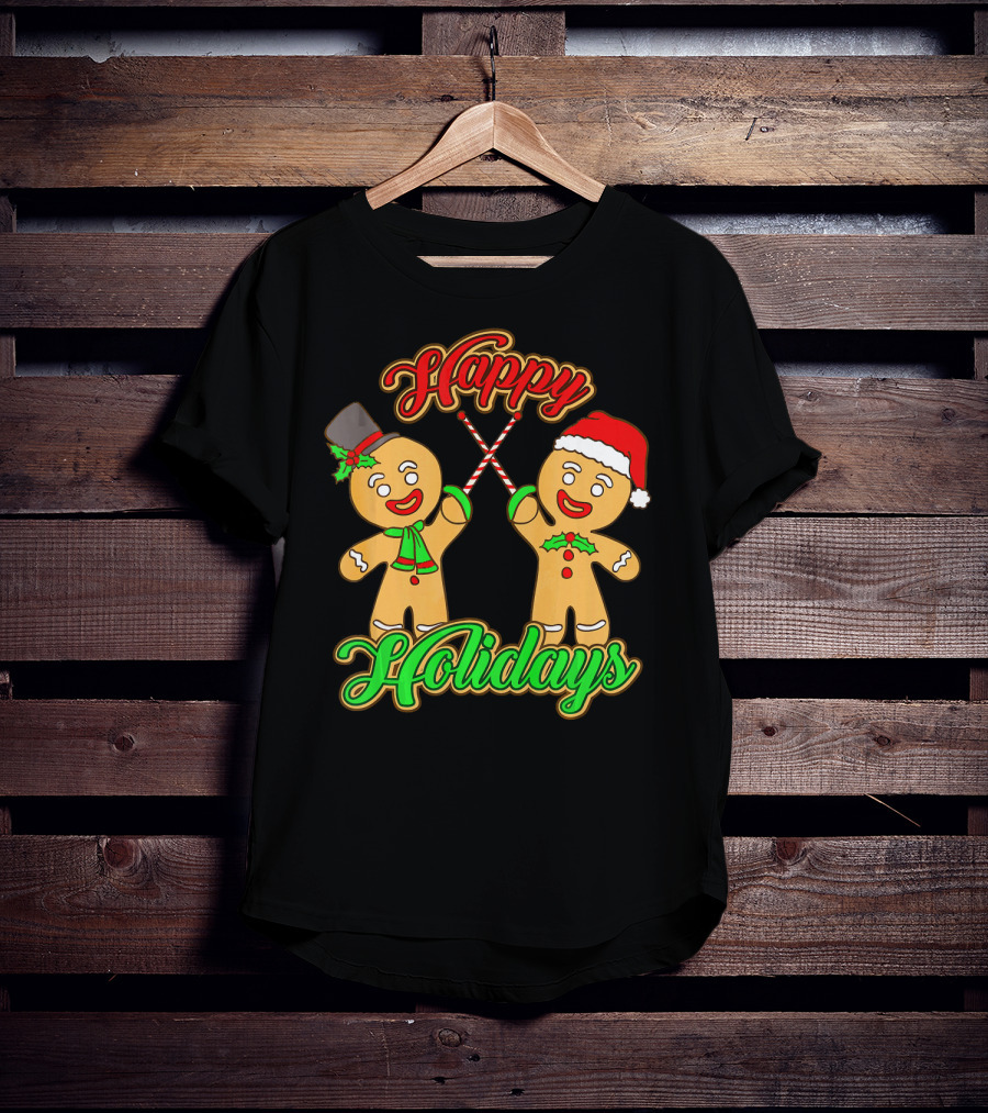 Happy Holidays Gingerbread Men Fencing With Candy Canes T-Shirt